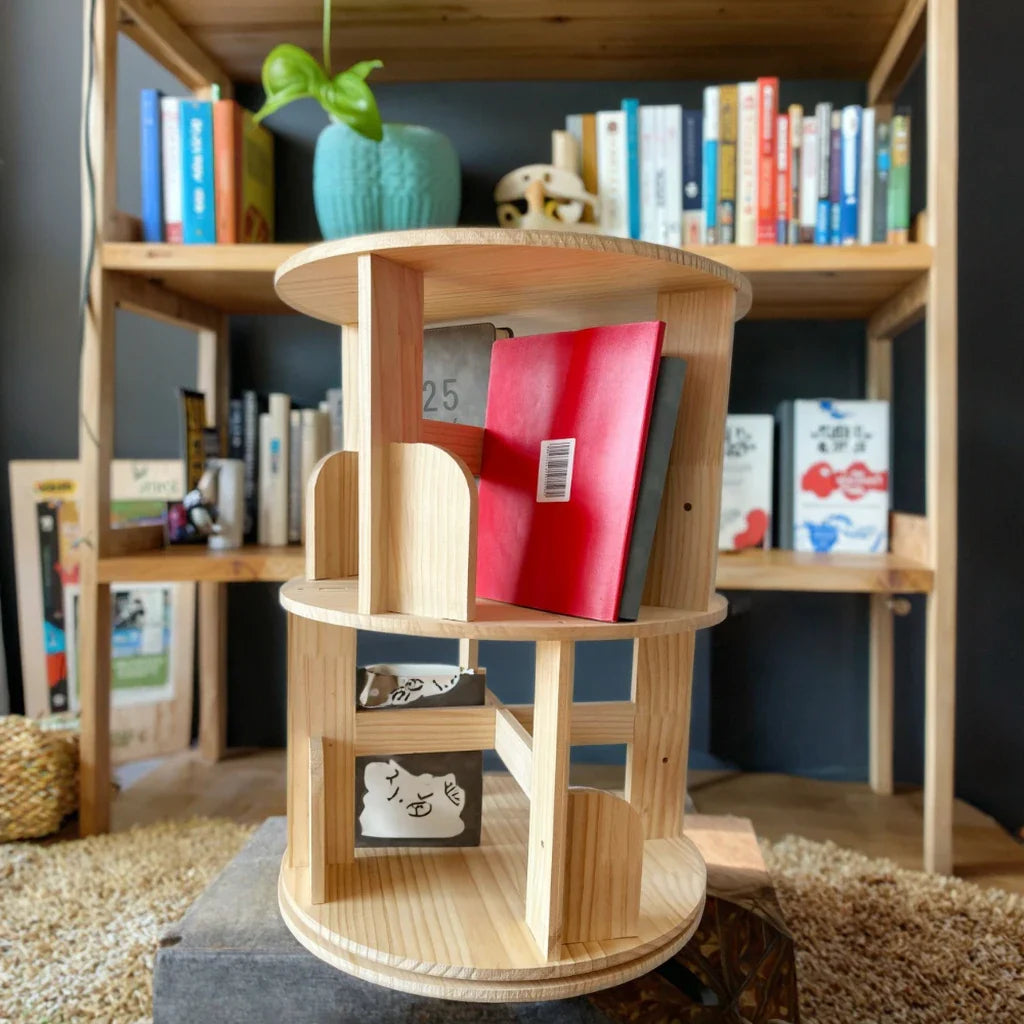 HKM-774739 Solid Wood 360° Rotating Bookshelf Tower - Bamboo Multi-Shelf Storage Solution