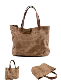 HKM-774931 Waterproof Oil Wax Canvas Shoulder Tote Bag with Cowhide Trimmings, Large Capacity