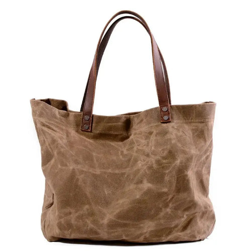 HKM-774931 Waterproof Oil Wax Canvas Shoulder Tote Bag with Cowhide Trimmings, Large Capacity