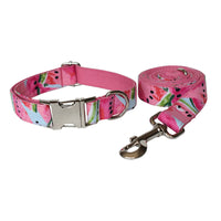 HKM-7749565 Watermelon Floral Pattern Dog Collar and Leash Set - Polyester, Multiple Sizes Available