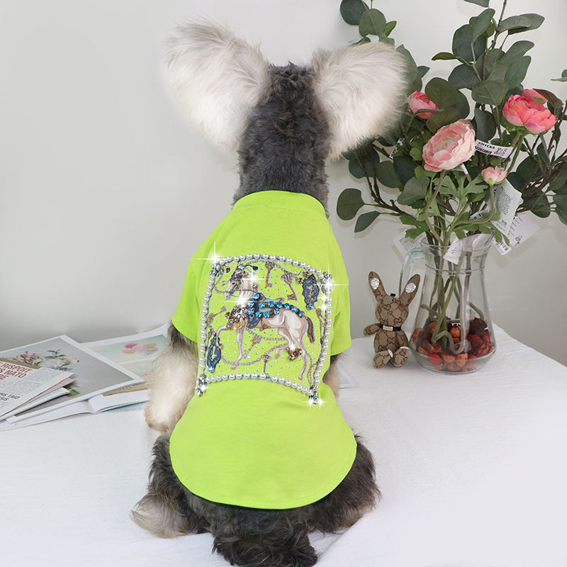 HKM-7750333 Schnauzer Summer T-shirt with White Horse and Diamond Inlays, Cotton Material