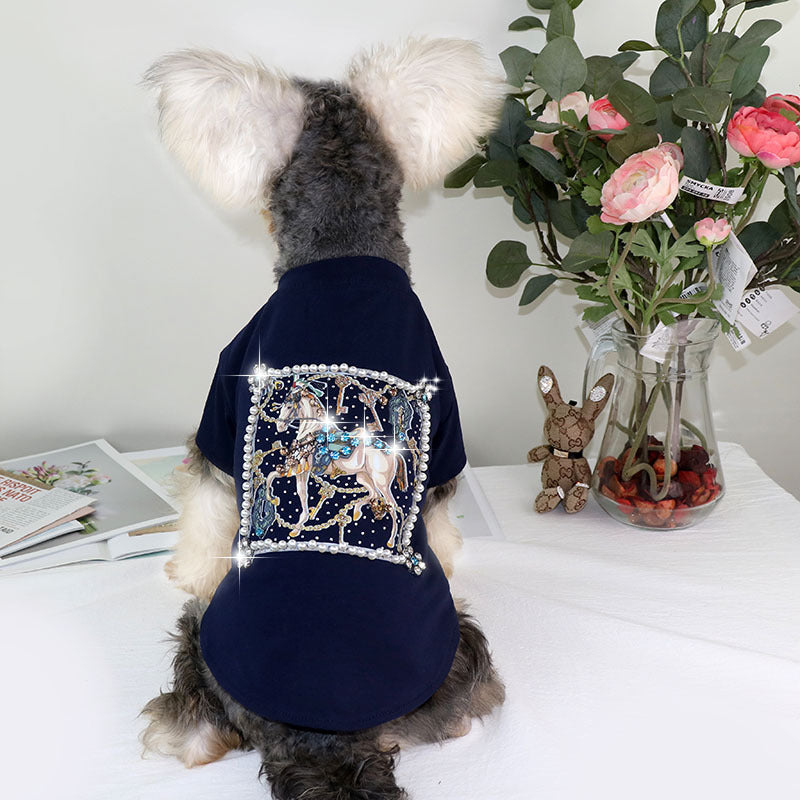 HKM-7750333 Schnauzer Summer T-shirt with White Horse and Diamond Inlays, Cotton Material