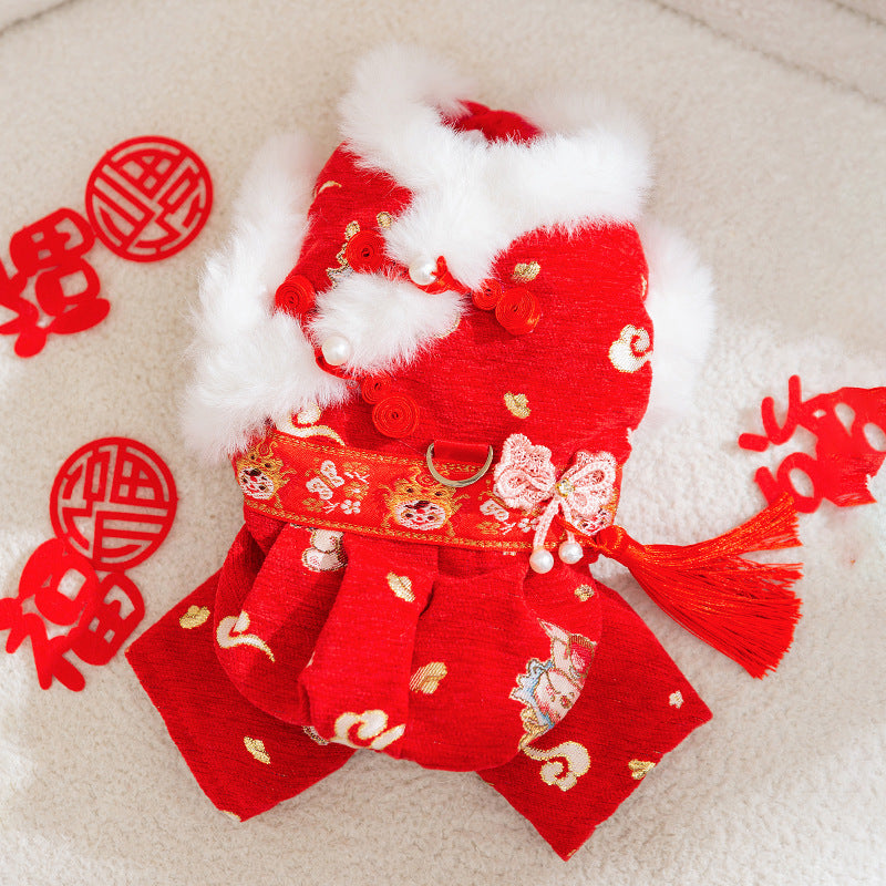HKM-7754301 Festive Embroidered Pet Jumpsuit for Dogs and Cats with Faux Fur Trim and Tassels