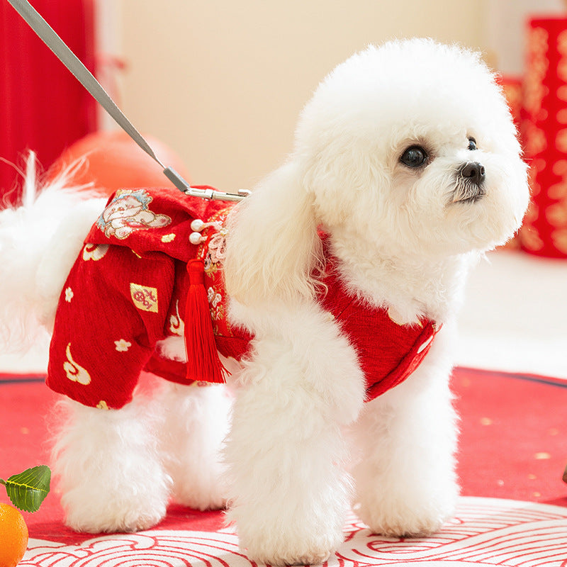 HKM-7754301 Festive Embroidered Pet Jumpsuit for Dogs and Cats with Faux Fur Trim and Tassels