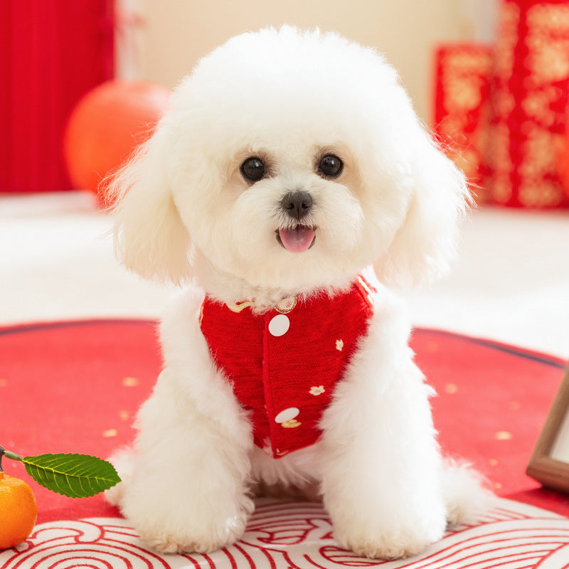 HKM-7754301 Festive Embroidered Pet Jumpsuit for Dogs and Cats with Faux Fur Trim and Tassels