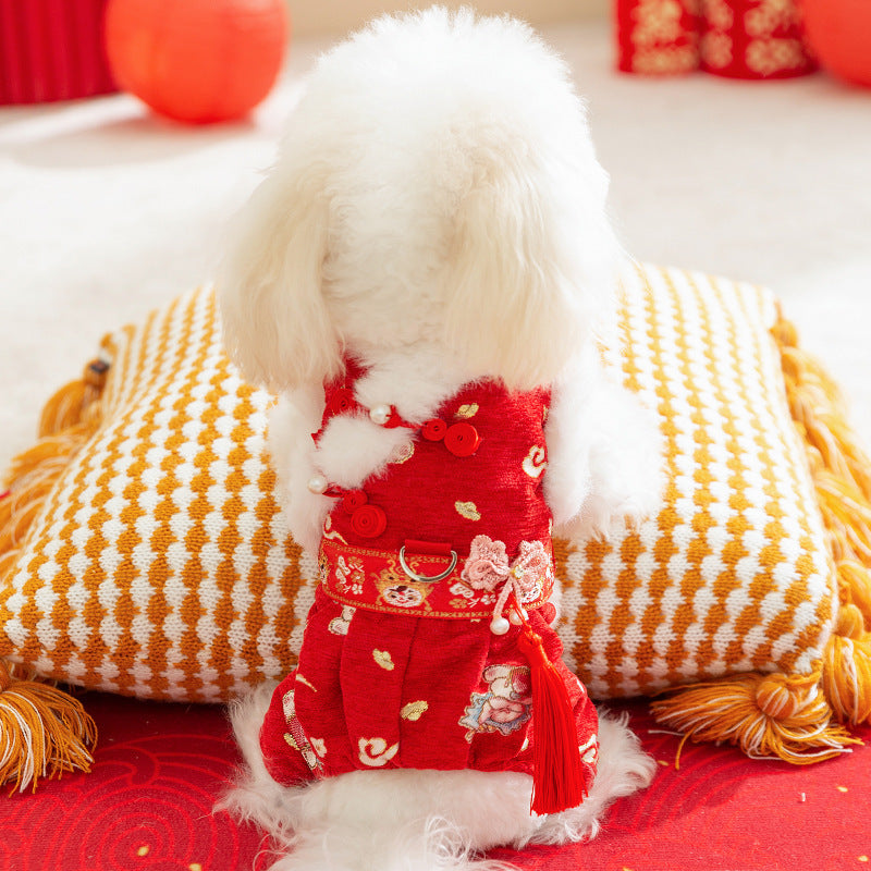 HKM-7754301 Festive Embroidered Pet Jumpsuit for Dogs and Cats with Faux Fur Trim and Tassels