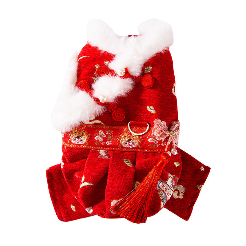 HKM-7754301 Festive Embroidered Pet Jumpsuit for Dogs and Cats with Faux Fur Trim and Tassels