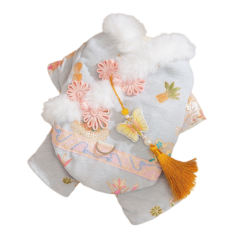 HKM-7754301 Festive Embroidered Pet Jumpsuit for Dogs and Cats with Faux Fur Trim and Tassels