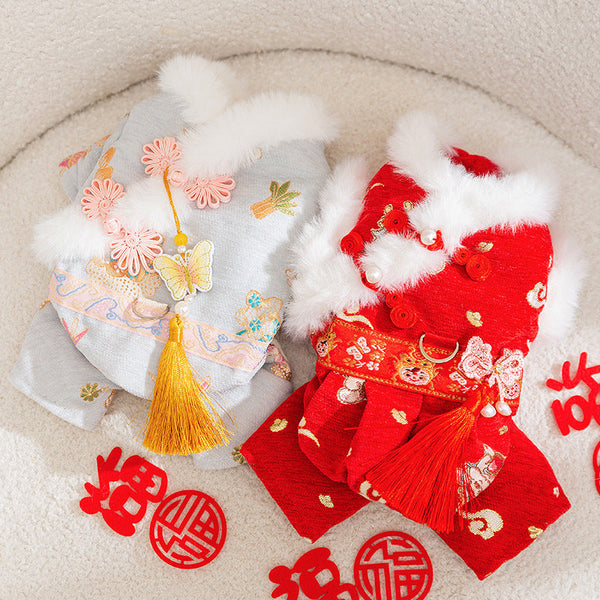 HKM-7754301 Festive Embroidered Pet Jumpsuit for Dogs and Cats with Faux Fur Trim and Tassels