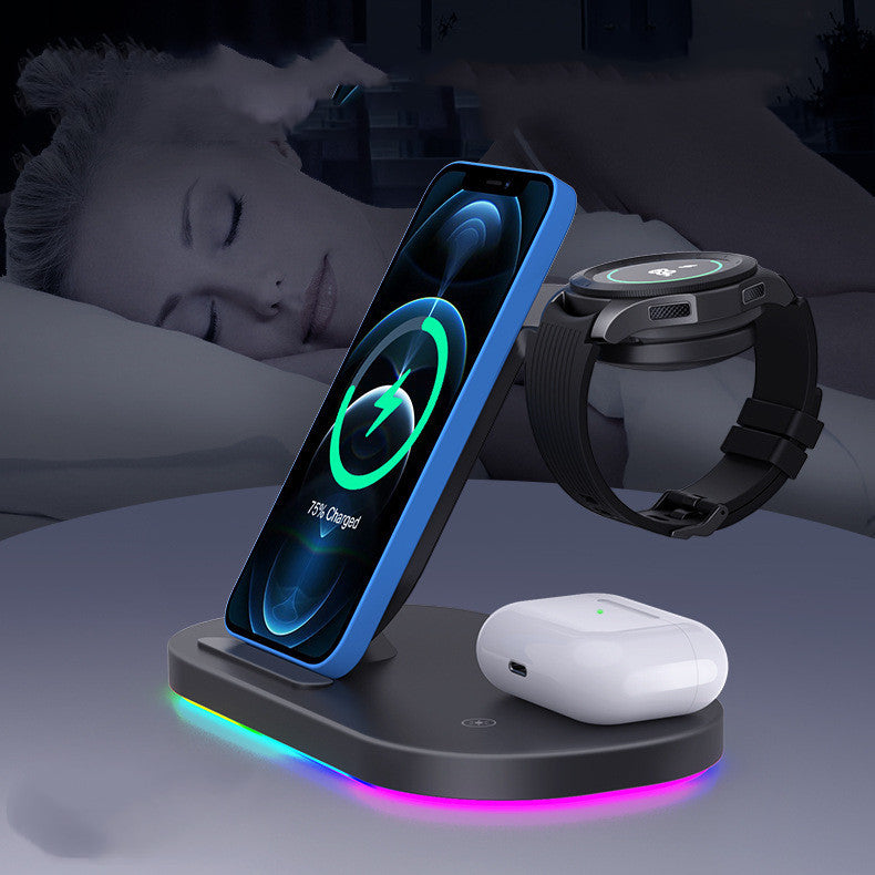 HKM-775891 15W Three-in-One Wireless Charger for Watch and Mobile Phones - Type-C Compatible, Compact Design