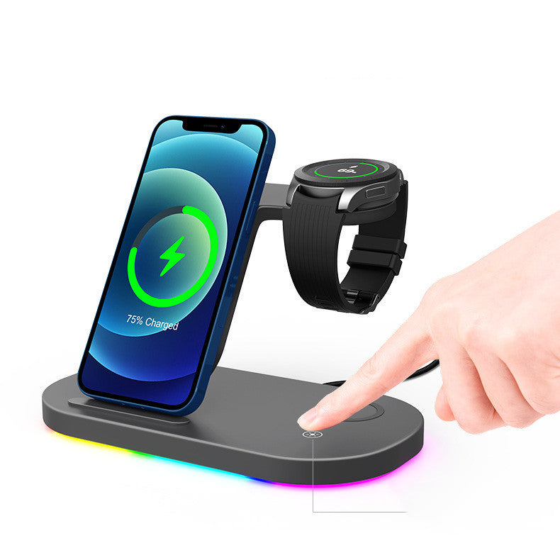 HKM-775891 15W Three-in-One Wireless Charger for Watch and Mobile Phones - Type-C Compatible, Compact Design