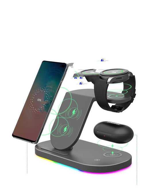 HKM-775891 15W Three-in-One Wireless Charger for Watch and Mobile Phones - Type-C Compatible, Compact Design