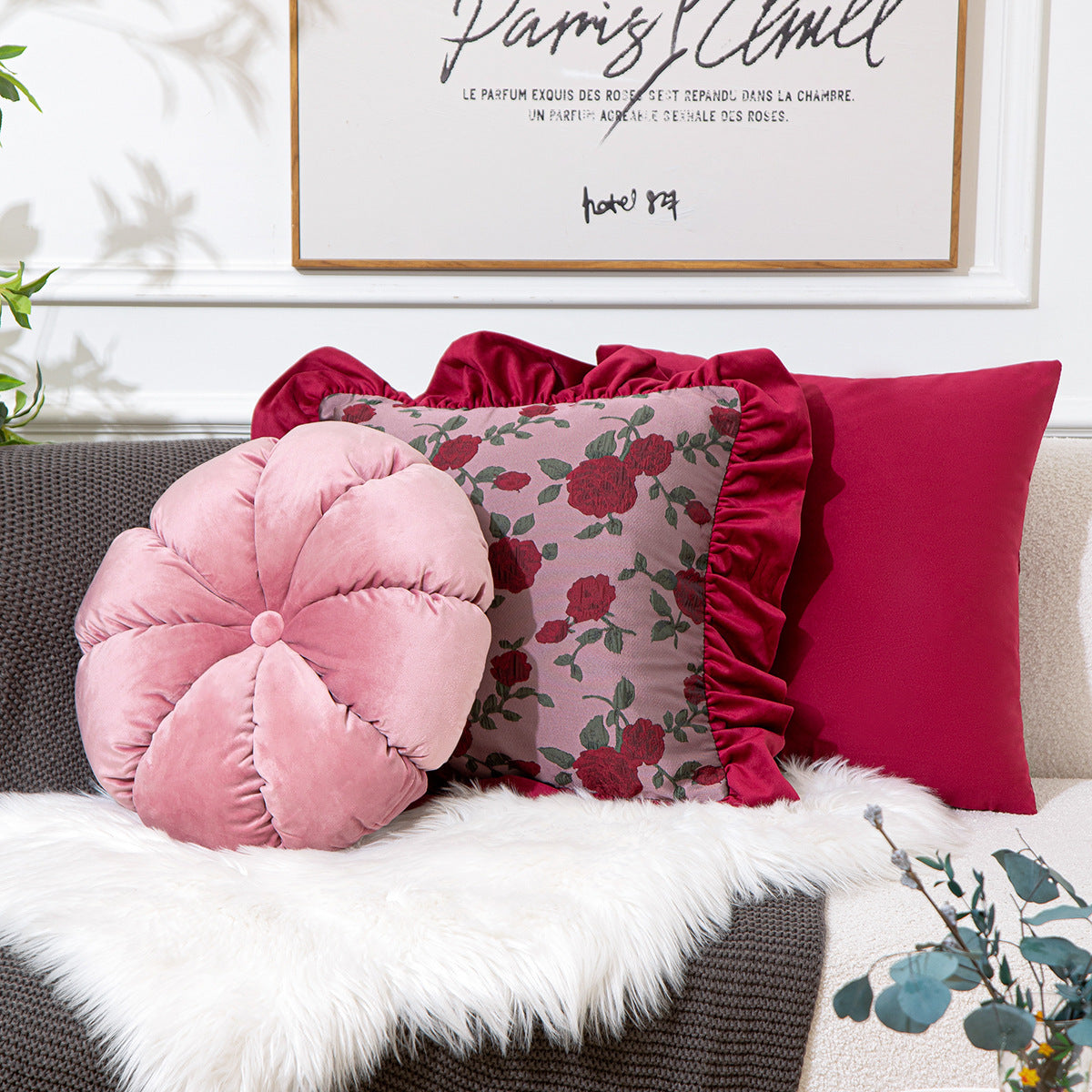 HKM-776019 Vintage Ruffled Sofa Cushion in Plush Material with Tassels - Available in English Rose, Pod Blush Pink, and Velvet Wine Red
