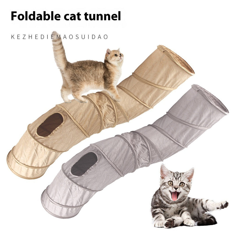 HKM-7760573 Foldable Suede Cat Tunnel Toy - Interactive Play for Cats in Gray and Khaki
