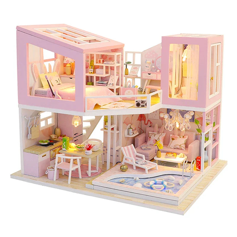 HKM-776275 Mini Wooden 3D Puzzle Dollhouse Kit with Furniture for Kids Ages 5-7