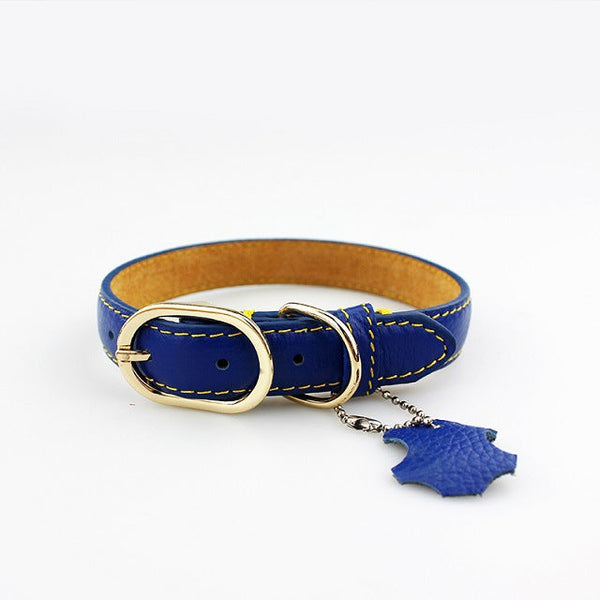 HKM-7763261 Pet Leather Collar - Monochrome Color Options in Blue, Black, Red, Purple, Yellow, Green, Lake Blue, Brown, Available Sizes XS to XL