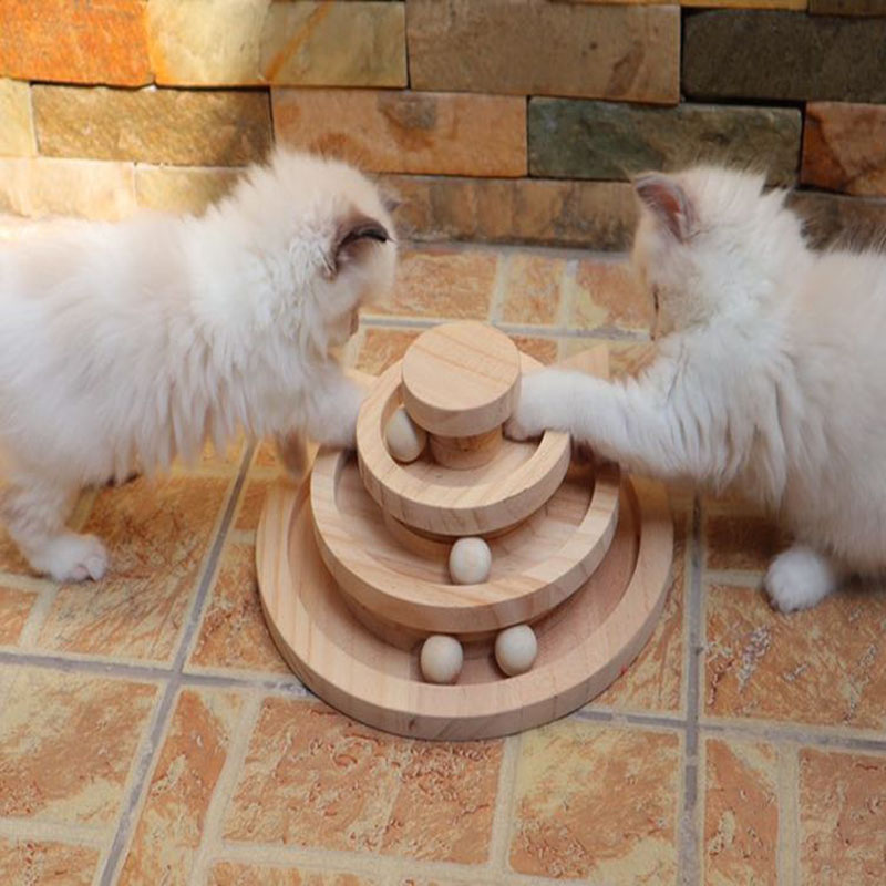 HKM-7766077 Three-Tier Wooden Cat Turntable Toy - Durable Pine and PP Plastic - Engaging Play for Cats