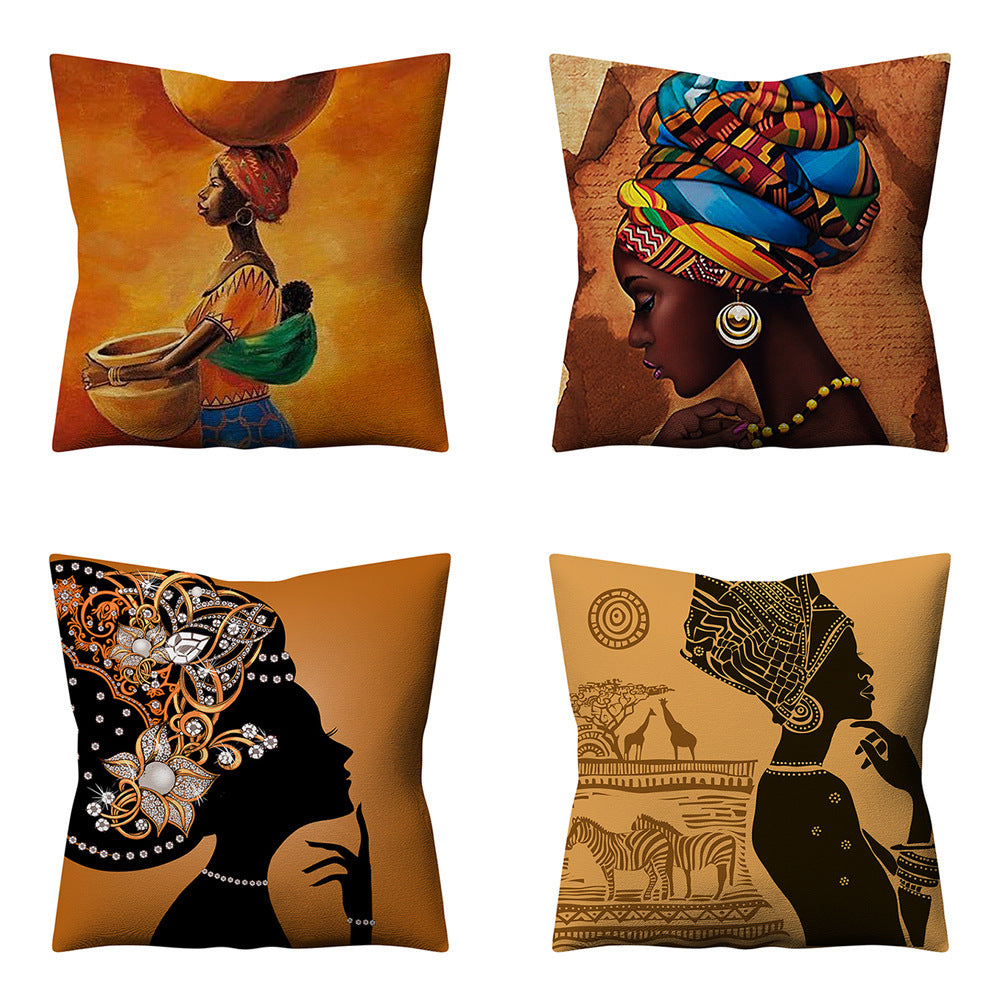 HKM-776723 African Women Linen Pillowcase - Retro Ethnic Style Cushion Cover 45x45cm