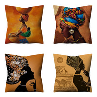 HKM-776723 African Women Linen Pillowcase - Retro Ethnic Style Cushion Cover 45x45cm