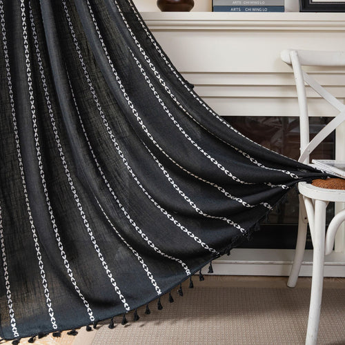 HKM-776723 Black and White Jacquard Pocket Curtain Set with Multi-line Rod Options