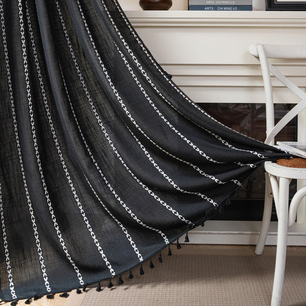HKM-776723 Black and White Jacquard Pocket Curtain Set with Multi-line Rod Options