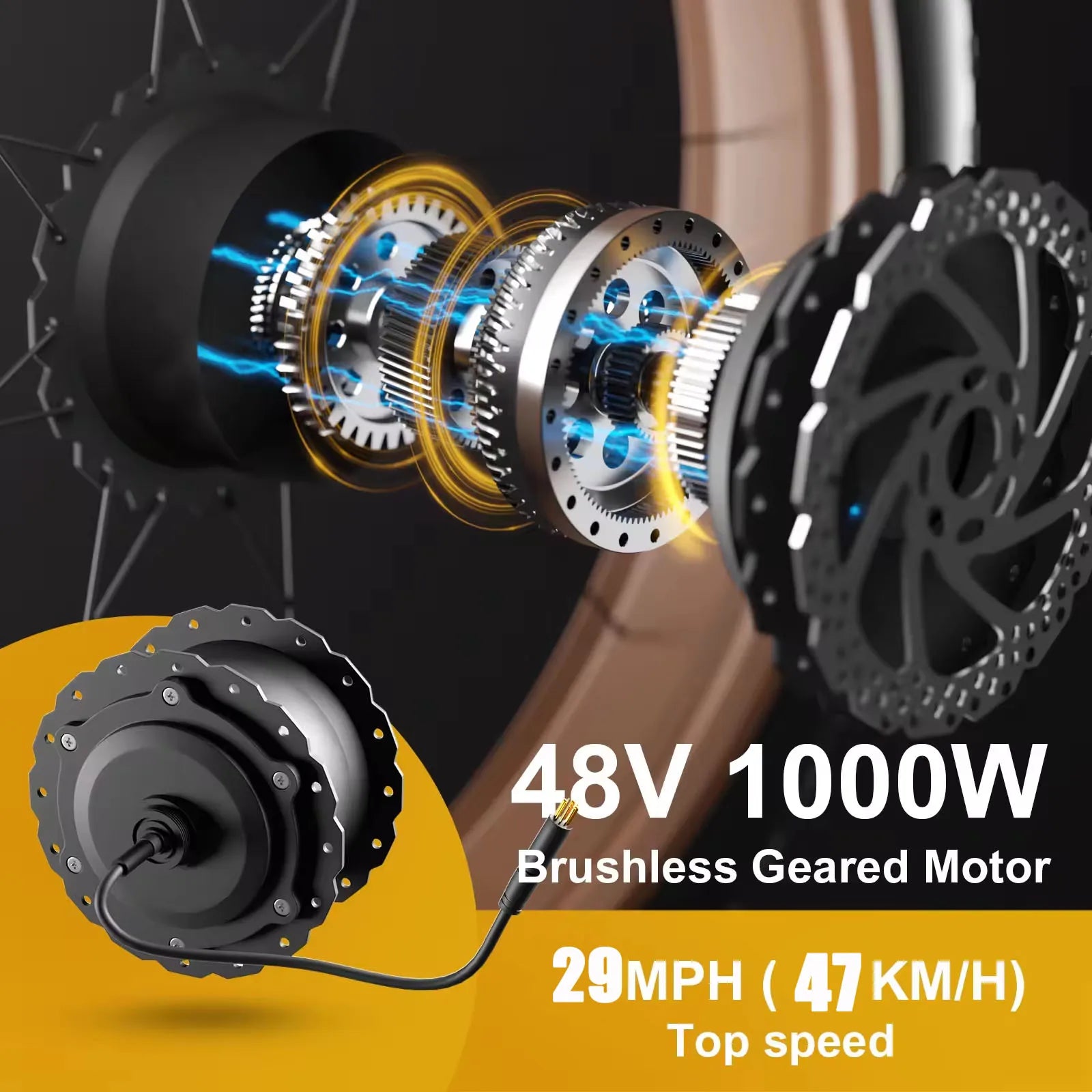 HKM-776723 Electric Mountain Bike with 1000W Motor, 48V 16Ah Battery, 7-Speed Gears, and Hydraulic Disc Brakes - 26 Inch Fat Tire E-Bike for Adults