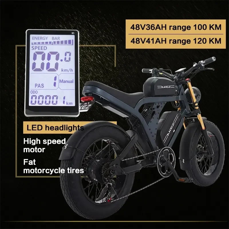 HKM-777107 20 Inch 1500W Electric Fat Tire Mountain Bike with 7 Speed Gears, Rear Hub Motor, and Dual Suspension