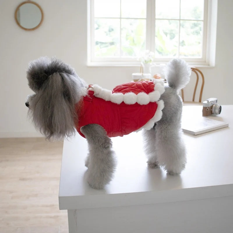 HKM-7771453 Pet Winter Clothing with Thick Fur Collar and Red Chinese Knot Design