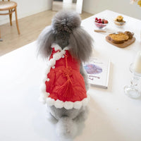 HKM-7771453 Pet Winter Clothing with Thick Fur Collar and Red Chinese Knot Design