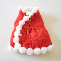 HKM-7771453 Pet Winter Clothing with Thick Fur Collar and Red Chinese Knot Design