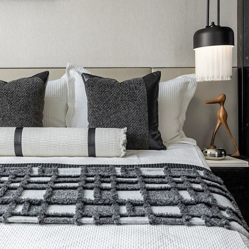 HKM-777171 Gray and White Plaid Bed Runner Nap Blanket Set with Pillowcase and Round Pillow