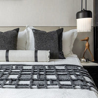 HKM-777171 Gray and White Plaid Bed Runner Nap Blanket Set with Pillowcase and Round Pillow