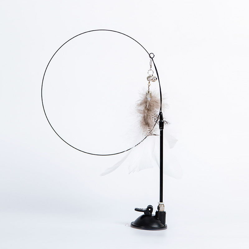 HKM-7771837 Suction Cup Cat Teaser Stick with Elastic Steel Wire and Feather Ends