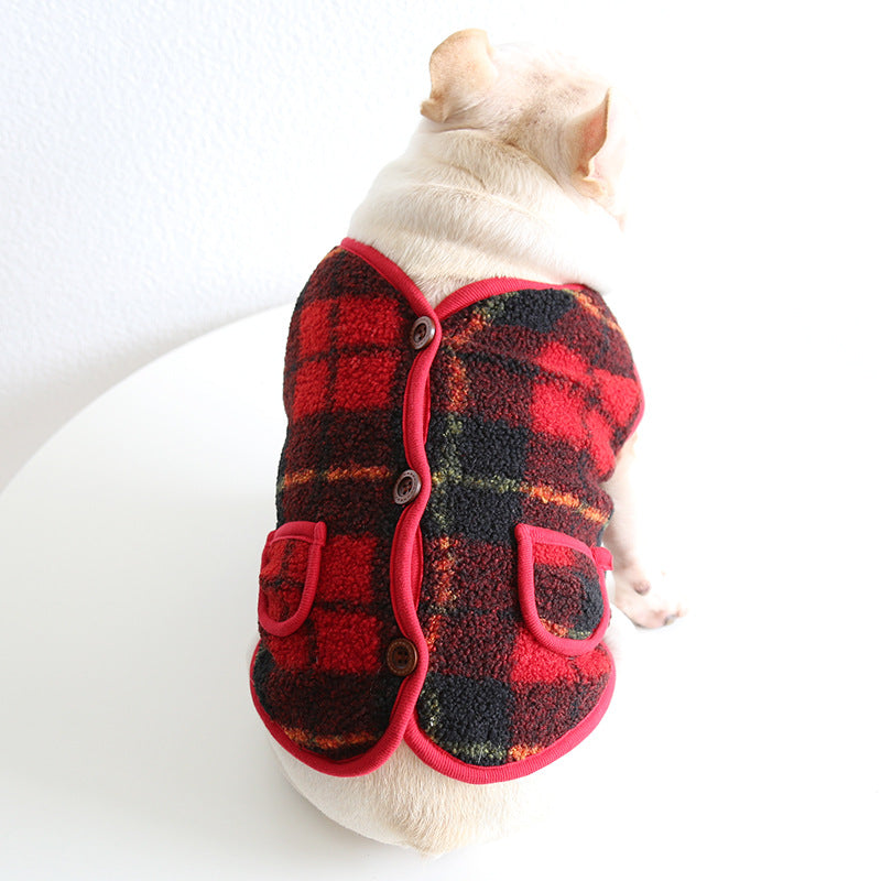 HKM-7777341 French Red Checkered Double Layer Vest for Dogs - Casual Two-Legged Clothing in Sizes XS-XXL