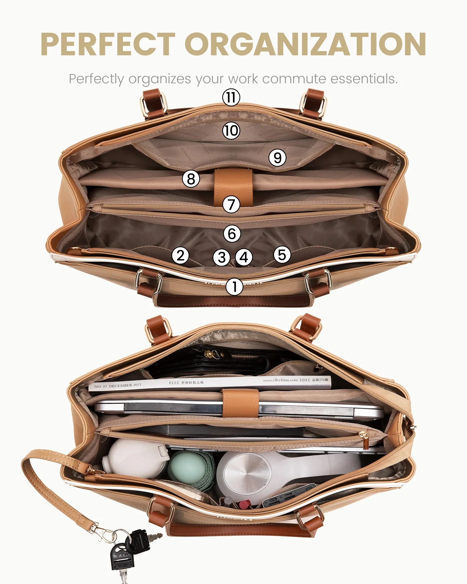HKM-777875 Waterproof PU Leather 15.6-17.3 Inch Business Tote Bag for Women - Classic Office Briefcase