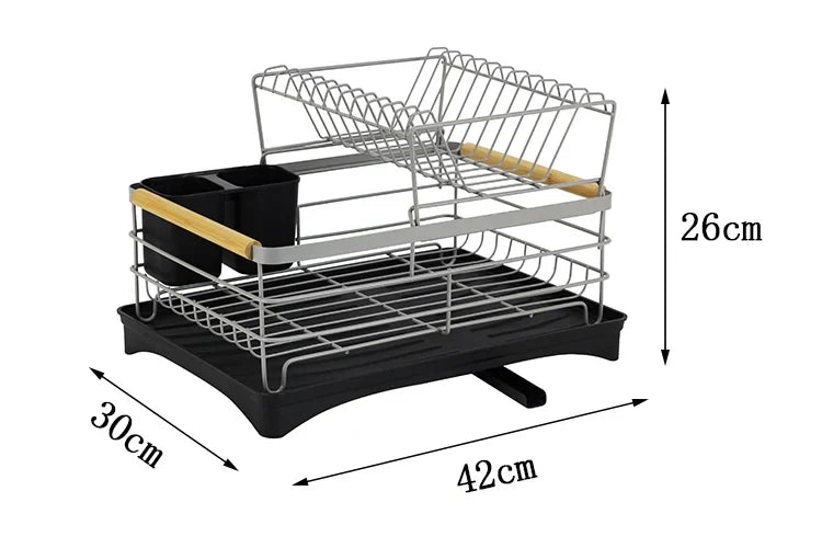 HKM-778067 2-Tier Stainless Steel Dish Drying Rack with Utensil Holder for Kitchen Organization