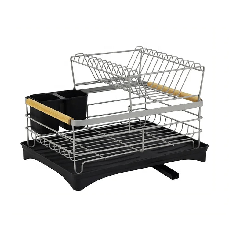 HKM-778067 2-Tier Stainless Steel Dish Drying Rack with Utensil Holder for Kitchen Organization