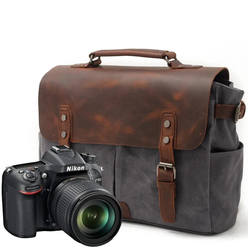 HKM-778195 Waterproof Retro Batik Canvas Camera Crossbody Bag with Leather Accents
