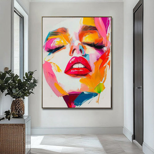 HKM-778259 Handmade Oil Painting on Canvas - Modern Abstract Human Face Wall Art for Living Room Decor - Unstretched Frameless Design