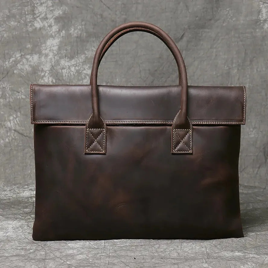 HKM-778387 Real Leather 15 Inch Laptop Handbag in Retro Brown, Heavy-Duty Cowhide with Waterproof Canvas Accents