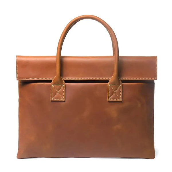 HKM-778387 Real Leather 15 Inch Laptop Handbag in Retro Brown, Heavy-Duty Cowhide with Waterproof Canvas Accents