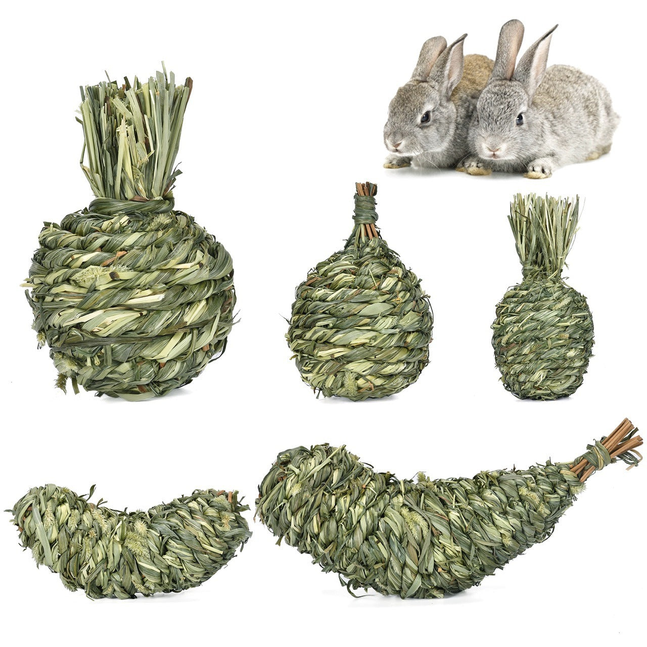 HKM-778771 Timothy Grass Pet Rabbit Chew Toys - Assorted Shapes including Eggplant, Apple, Pear, Banana, and Pineapple