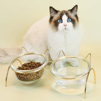 HKM-7788477 Transparent Glass Cat Bowl with Metal Stand for Comfortable Feeding and Drinking