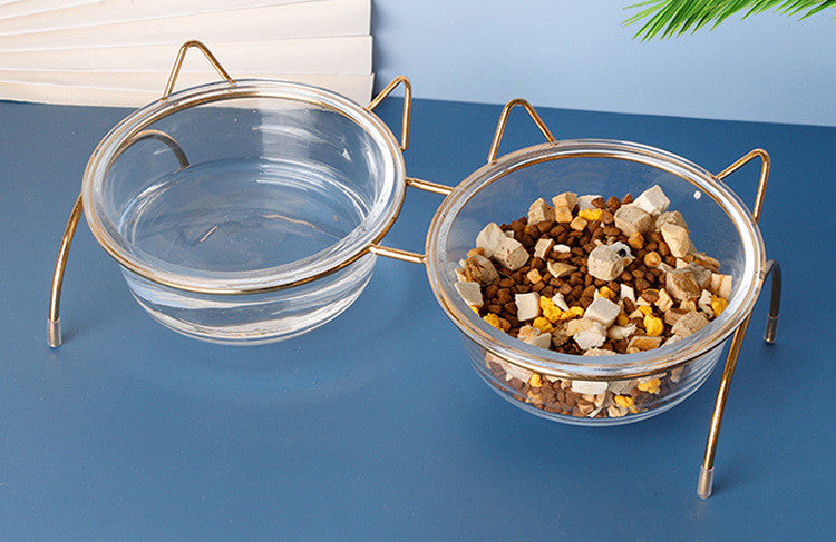 HKM-7788477 Transparent Glass Cat Bowl with Metal Stand for Comfortable Feeding and Drinking