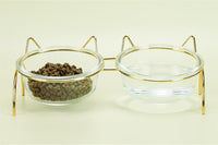 HKM-7788477 Transparent Glass Cat Bowl with Metal Stand for Comfortable Feeding and Drinking