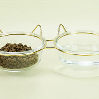 HKM-7788477 Transparent Glass Cat Bowl with Metal Stand for Comfortable Feeding and Drinking