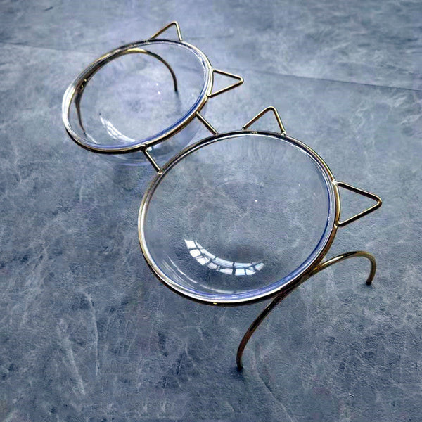 HKM-7788477 Transparent Glass Cat Bowl with Metal Stand for Comfortable Feeding and Drinking