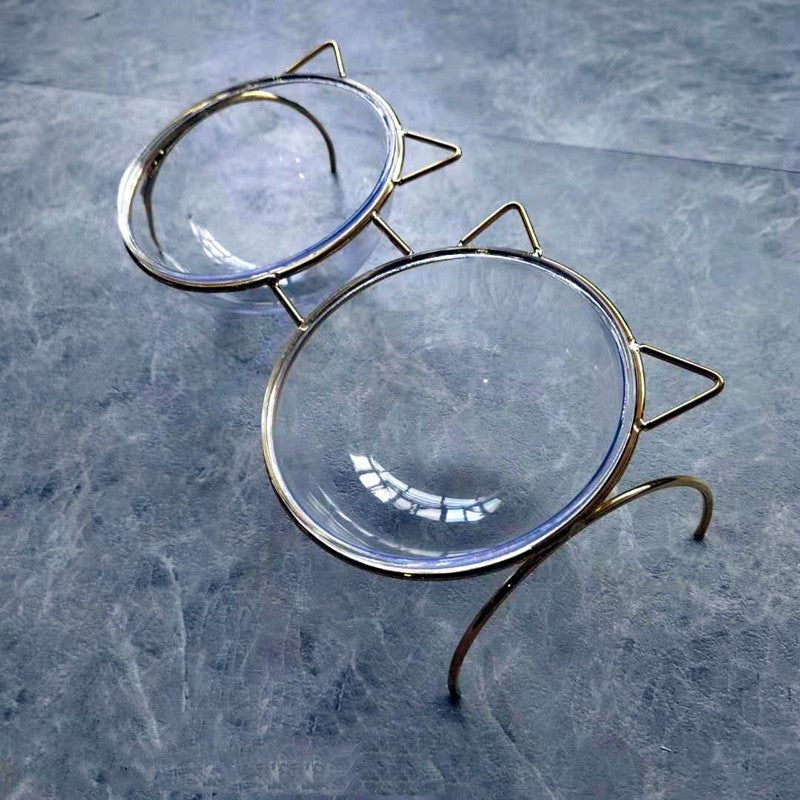 HKM-7788477 Transparent Glass Cat Bowl with Metal Stand for Comfortable Feeding and Drinking