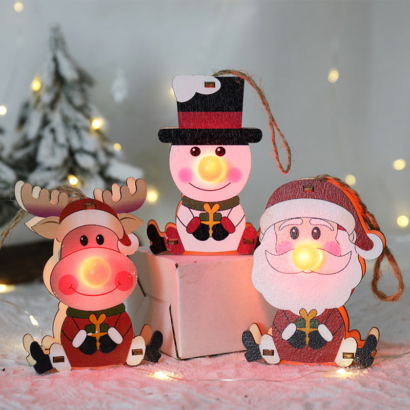 HKM-779091 Luminous Wooden Christmas Ornaments – Red Nose Elderly, Elk, and Snowman Designs