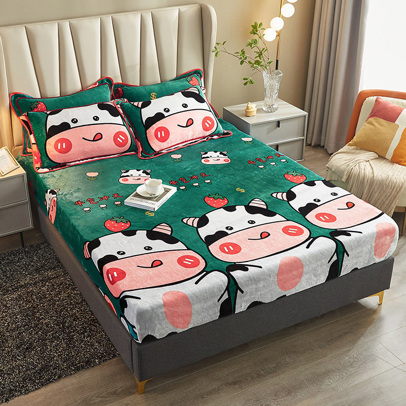 HKM-779475 Winter Warm Milk Velvet All-Inclusive Bed Sheet Set with Pillowcases - Multiple Styles and Sizes Available